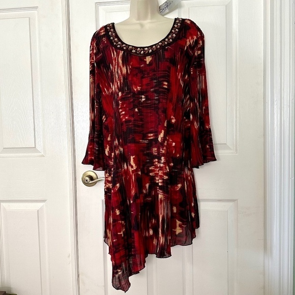 Catherines Tops - Catherines Pleated Tunic Top Bejeweled Neck Asymmetrical Hem Reds Black Tan NWT